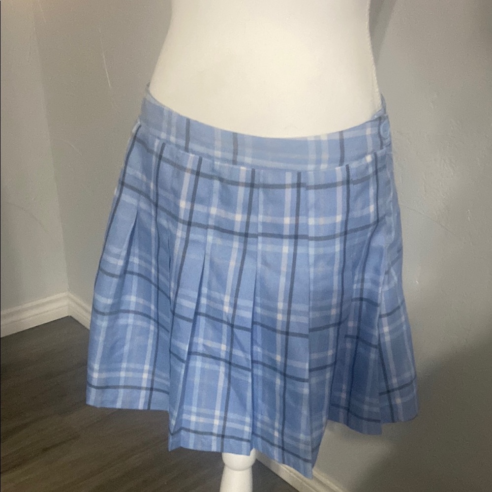 Blue and White Pleated Skater Mini Skirt - Picture 1 of 4
